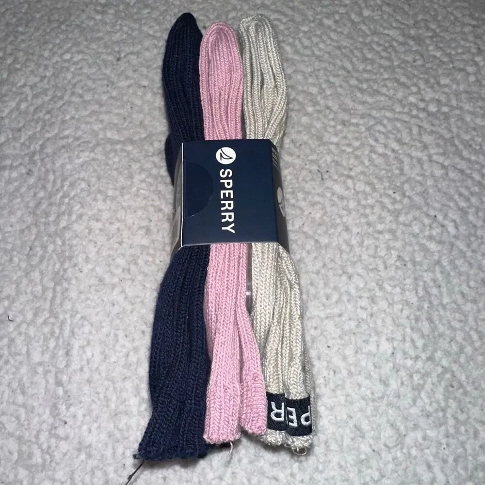 Sperry Women’s Cushion Crew Socks Pack of 3 Cable Knit Tan Navy Blue Pink NWT